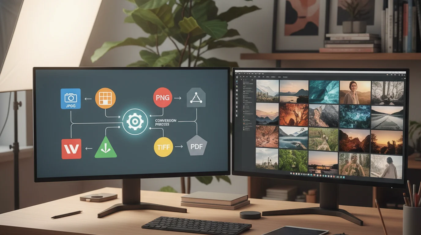 Designer at dual-monitor setup with image format icons showing TIF, JPEG, PNG, and WebP conversion workflow