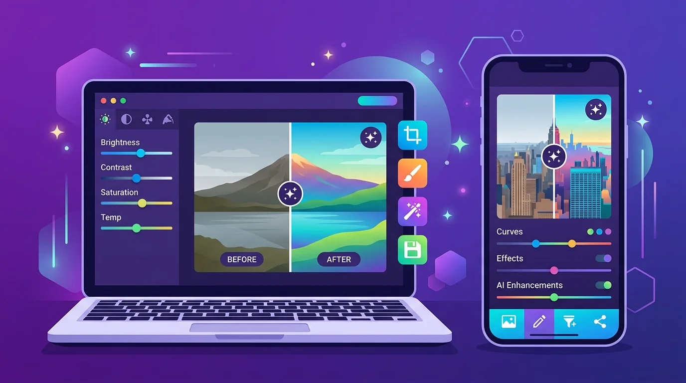 Smartphone and laptop screens showing picture altering apps with before-and-after photo panels and AI editing tools on a purple gradient background