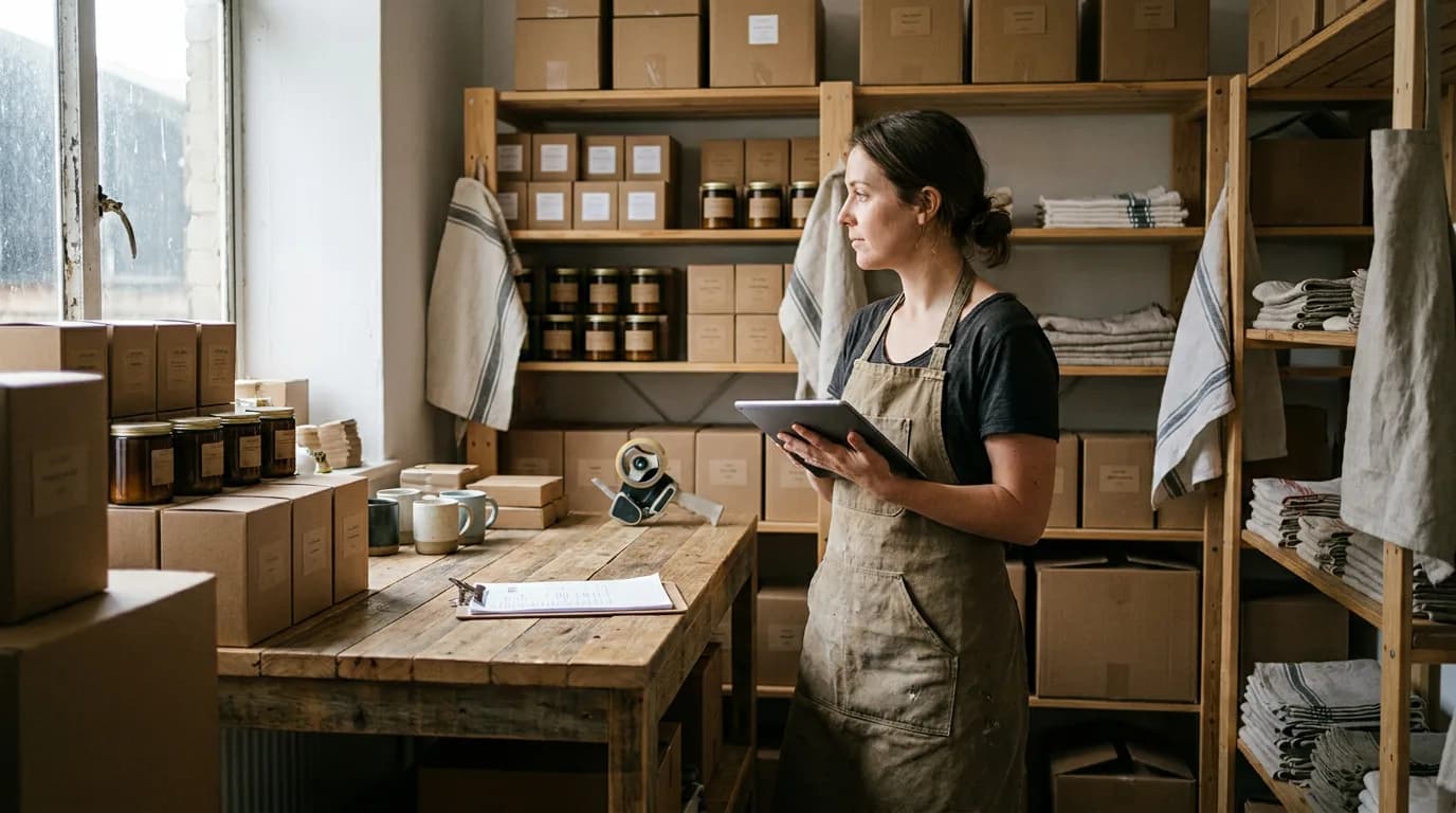Small shop stockroom with labeled cardboard boxes on wooden shelves and a shop owner holding a tablet beside a packing table
