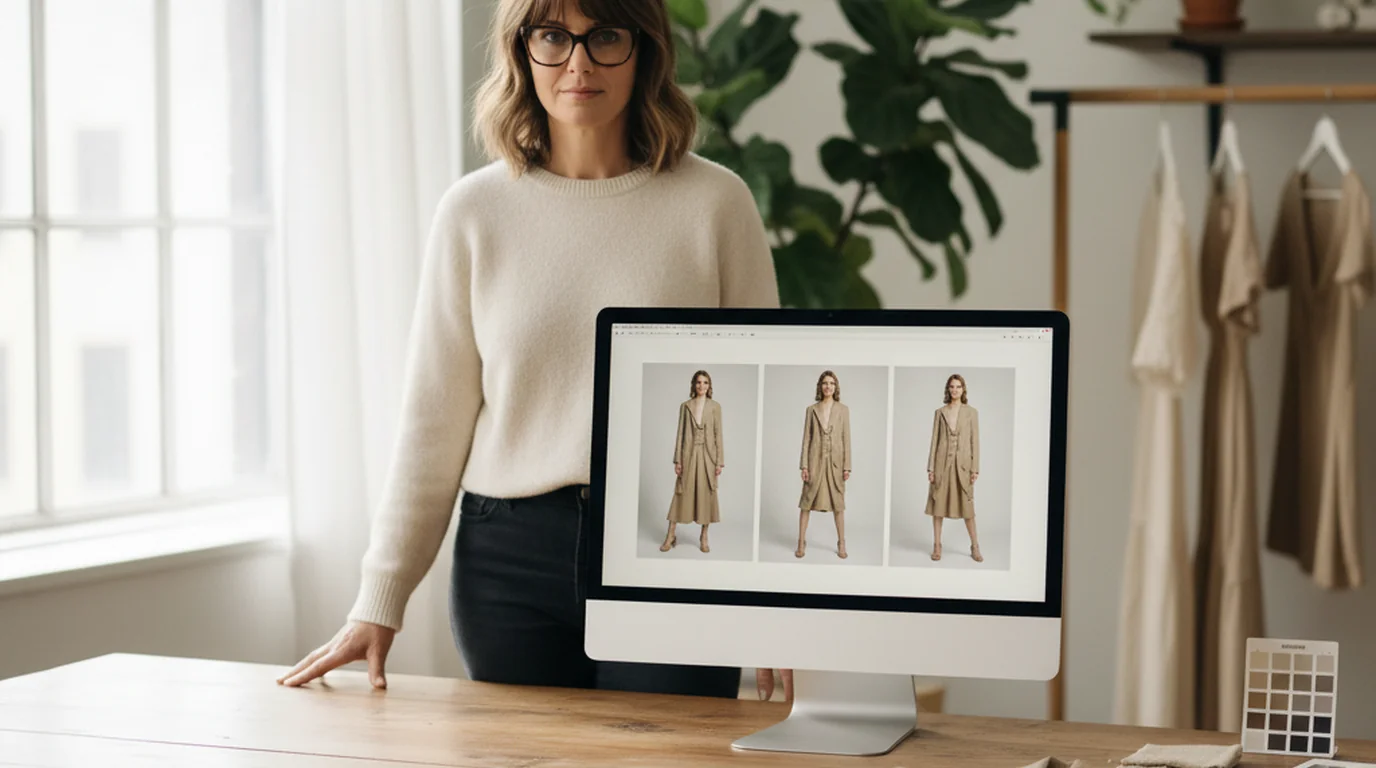 Creative director reviewing AI fashion model photos in a studio — a monitor showing three on-model frames of the same beige coat, garment rail and colour chart beside the desk
