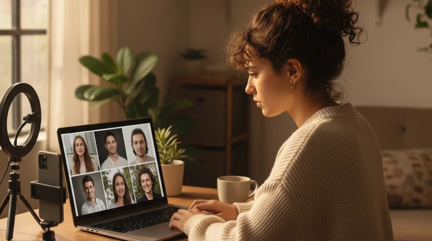 Creator reviewing a grid of AI-generated portrait images on a laptop screen in a home studio, notebook and phone on the desk