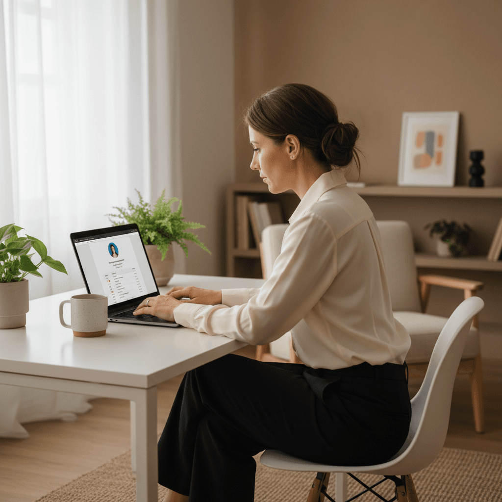 Professional woman reviewing her LinkedIn profile banner on a laptop in a bright modern home office