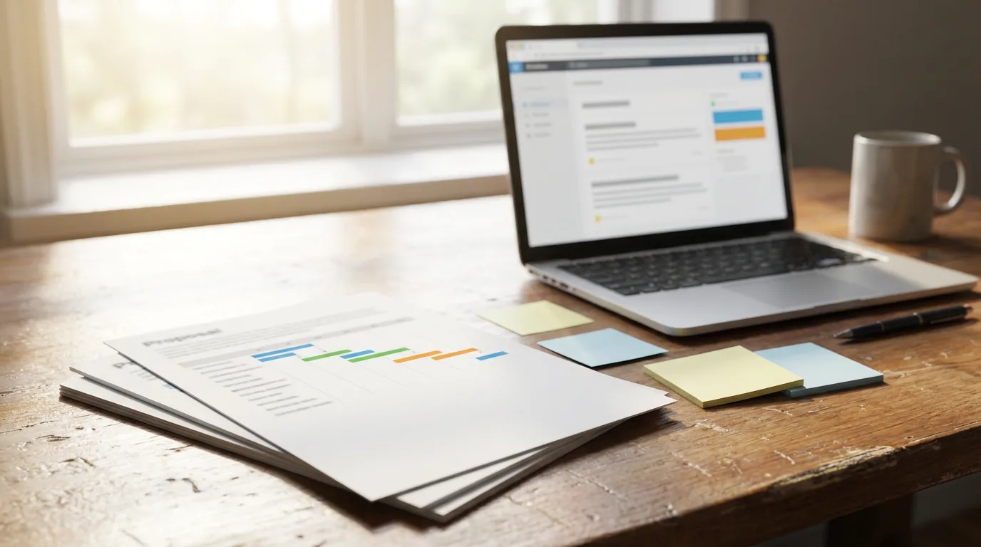 Project lead at a wooden desk reviewing a printed multi-page proposal with a timeline chart, sticky notes and a laptop open beside it