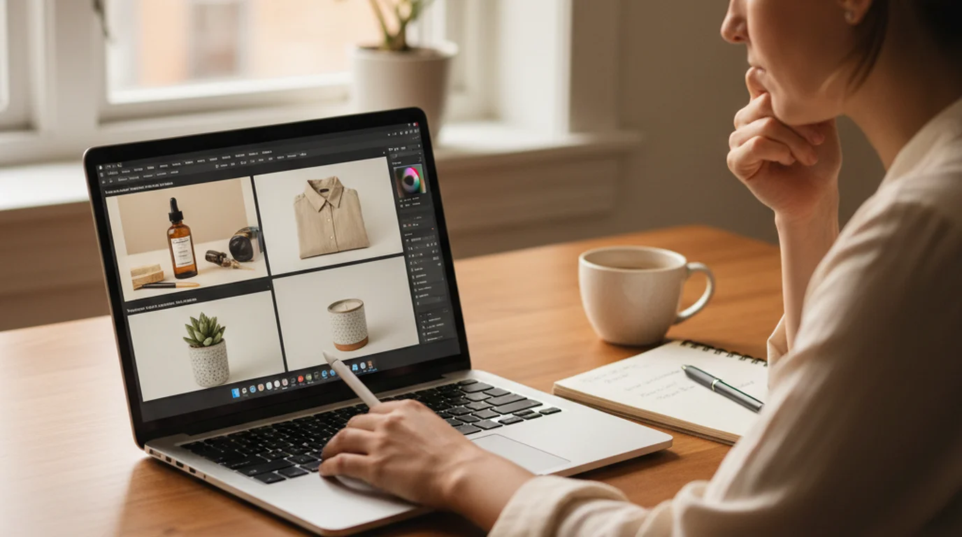 Ecommerce seller comparing photo editing software on a laptop with product images on screen, warm home office setting