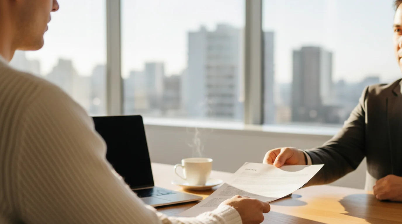 Founder handing a printed one-page business summary across a table to a client in a bright meeting room