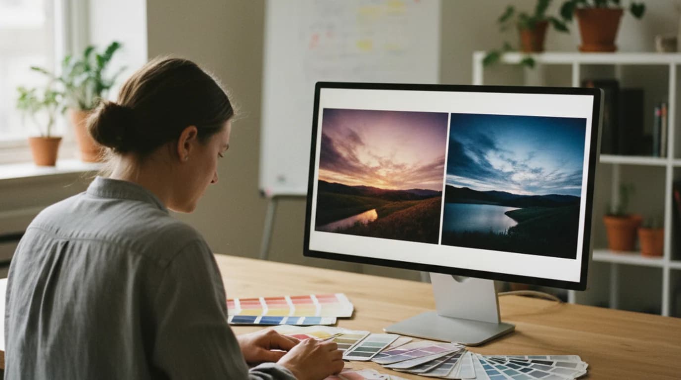 Designer comparing an original photo and a style-transferred version side by side on a monitor, colour swatches on the desk