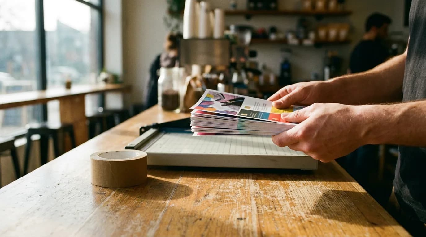 Hands holding a fresh stack of printed flyers above a wooden café counter with a paper cutter and a roll of tape nearby