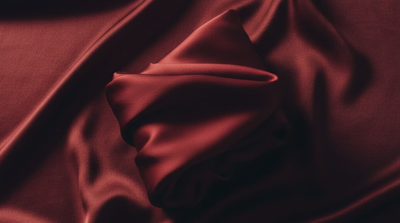 Overhead flat lay of deep burgundy silk fabric with soft natural sidelight casting gentle shadows across the folds — editorial fashion campaign aesthetic.