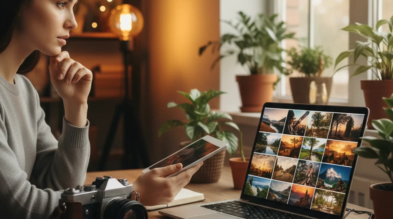 Creator comparing a traditional camera with AI-generated photography results on laptop in a warm cozy studio with plants