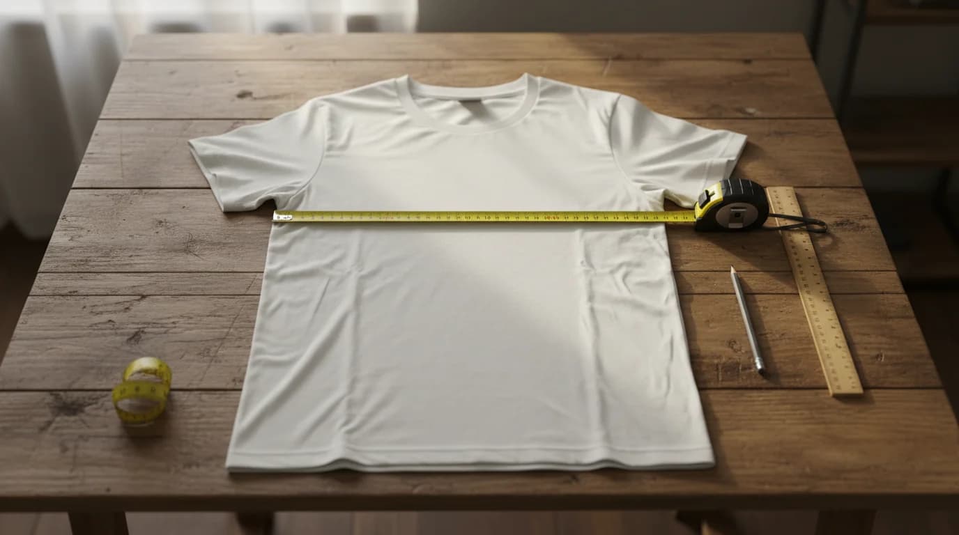 Plain white t-shirt laid flat on a wooden worktable with a measuring tape stretched across the chest print area