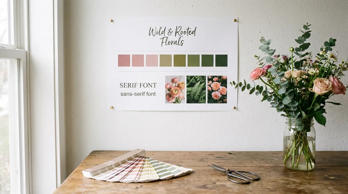 Printed one-page brand board for a florist pinned to a studio wall, with a fan of color swatches, scissors and a jar of fresh flowers on the table below