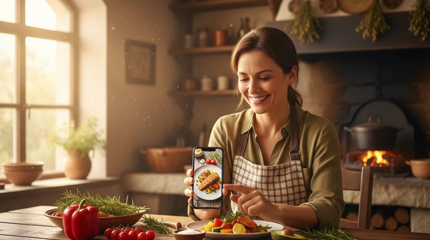 Restaurant owner editing food photos on a laptop using an online photo editor at a warm kitchen counter with fresh ingredients and natural window light