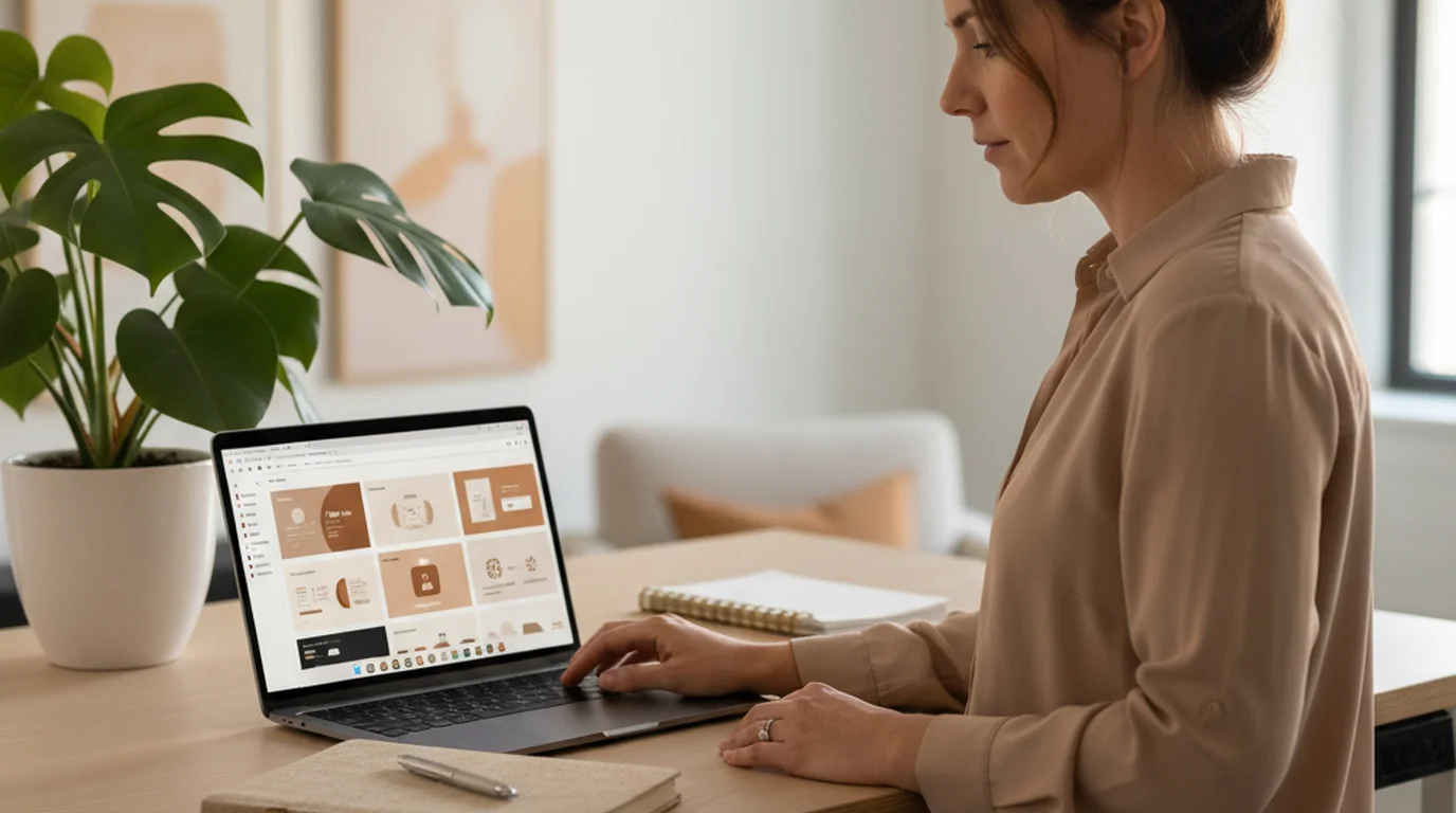 Product marketer at a standing desk generating presentation slides on a laptop with several slide thumbnails visible on screen