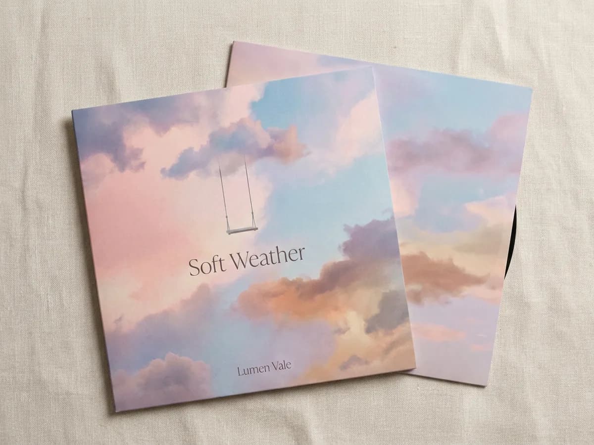 Portada cuadrada de álbum recargada en la funda de un vinil, con nubes pastel soñadoras y un columpio solitario colgando del cielo, el título 'Soft Weather' en serif delgada y el nombre del artista 'Lumen Vale'