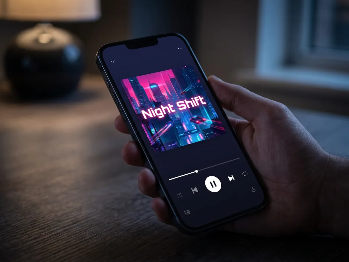 Celular en un ambiente oscuro con la pantalla de reproducción de una app de música y una portada cuadrada de una ciudad de noche en neón rosa y azul titulada 'Night Shift'
