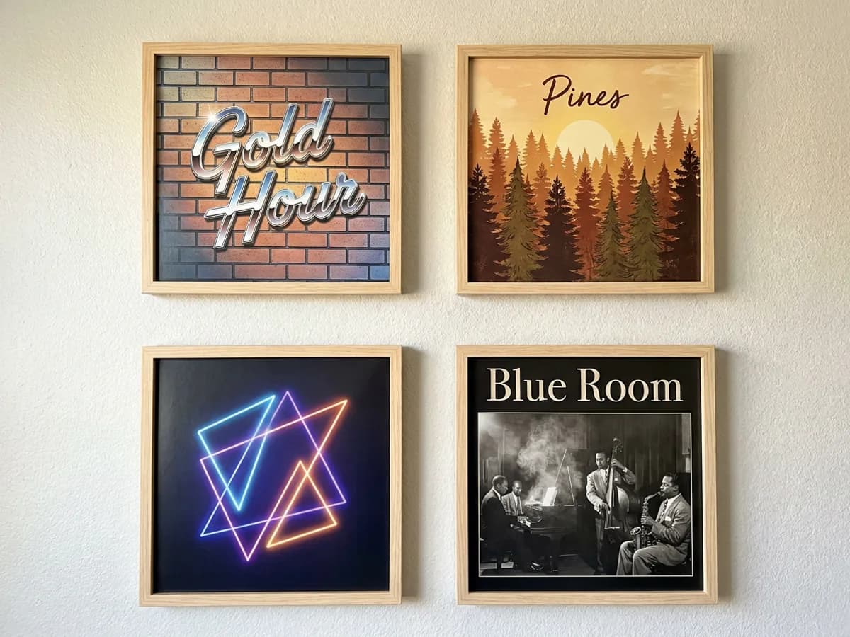 Cuadrícula de cuatro portadas cuadradas de distintos géneros sobre una pared clara: una de hip-hop con tipografía cromada, una de folk indie con ilustración de bosque, una electrónica con formas geométricas y una de jazz con foto vintage