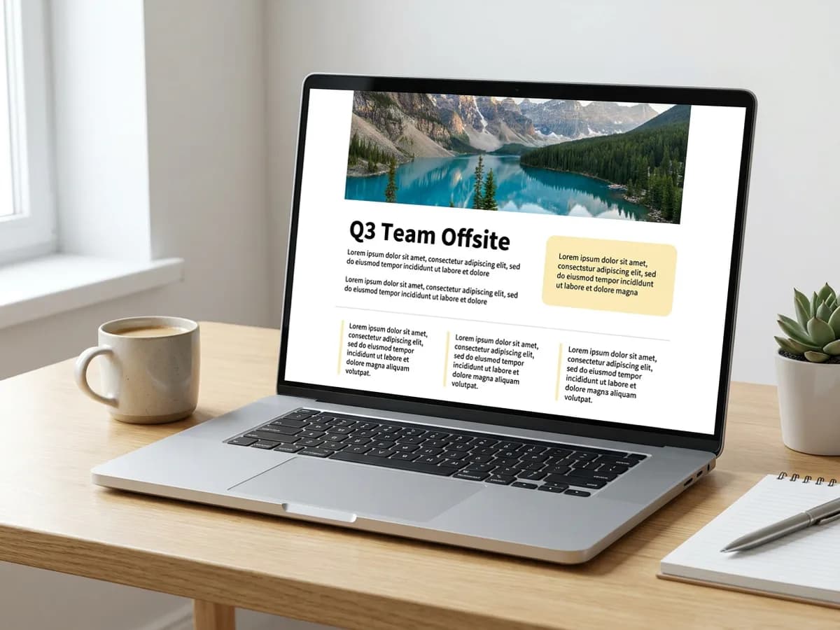 A laptop on a bright desk showing a formatted document with a wide banner photo of a mountain lake at the top, the bold title 'Q3 Team Offsite', short paragraphs, a soft yellow callout box and a two-column section