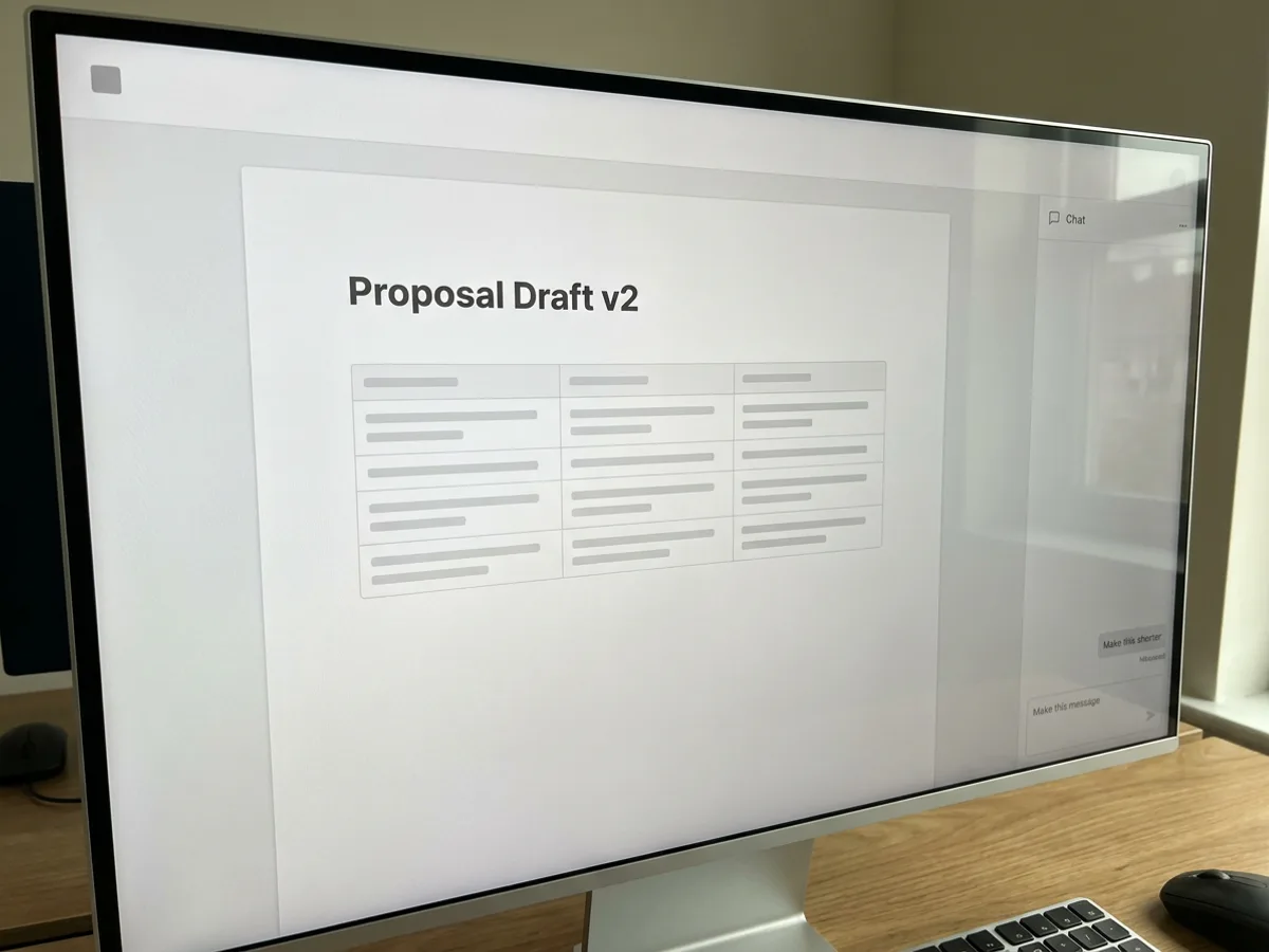 A document editor on a monitor with a chat panel on the right, the document showing a heading and a neat three-column table, and a small chat bubble reading 'Make this shorter'