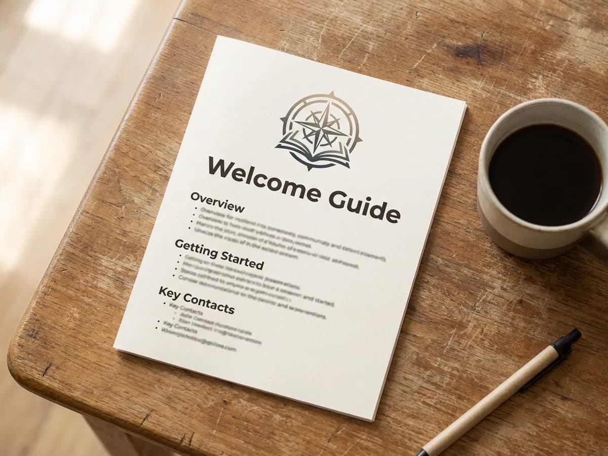 A printed one-page PDF document on a wooden table beside a coffee cup and a pen, showing a logo at the top, the title 'Welcome Guide', headings and a bulleted list