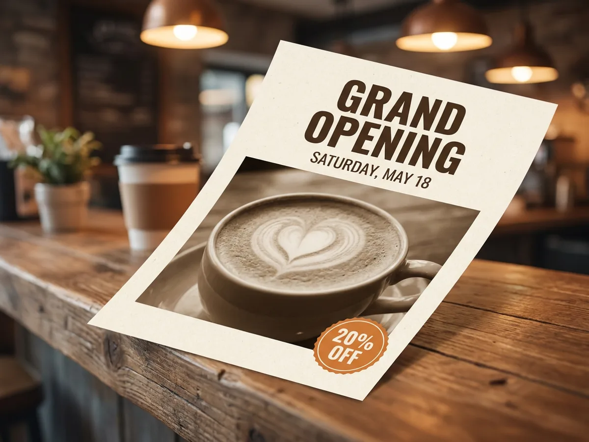 A printed grand opening flyer for a neighborhood coffee shop on a cafe counter, with a warm photo of a latte, the bold headline 'Grand Opening', the date 'Saturday, May 18' and a '20% off' badge, in warm light