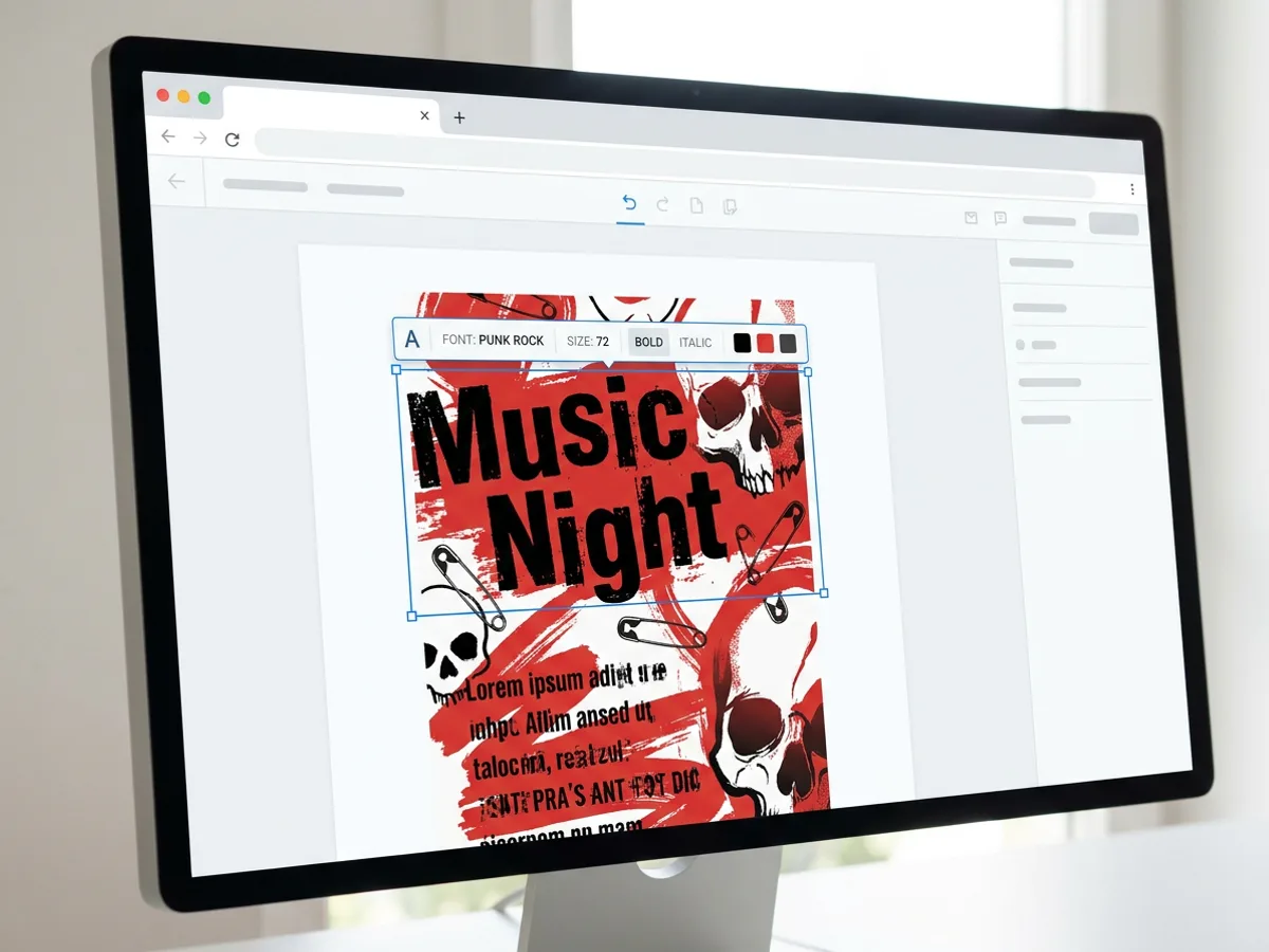 Close-up of a design editor on a monitor showing a bold red and black punk-style music night flyer, with the headline text box selected by a blue outline and a font toolbar above it
