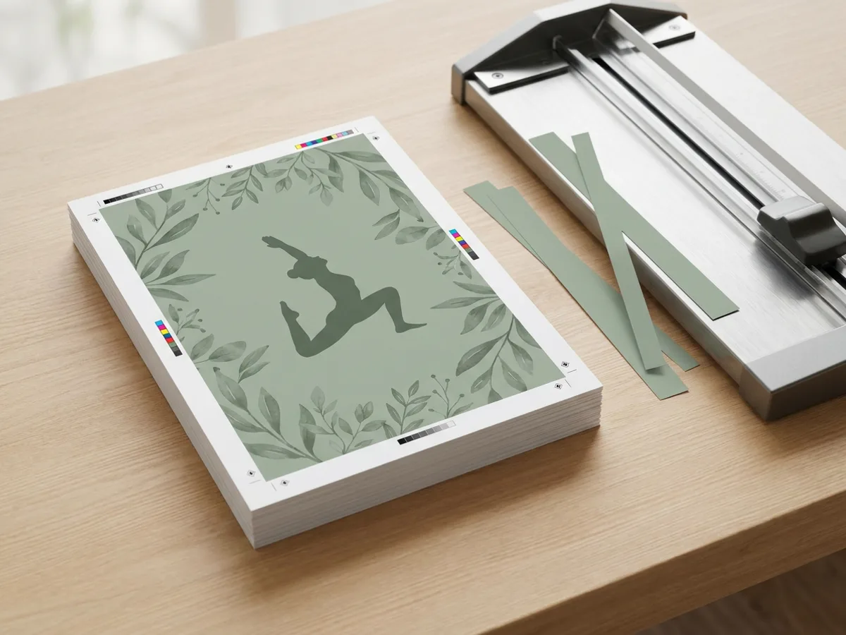 A stack of printed A5 yoga class flyers with a sage green design, the top flyer showing crop marks around its edges like a print proof, next to a paper cutter