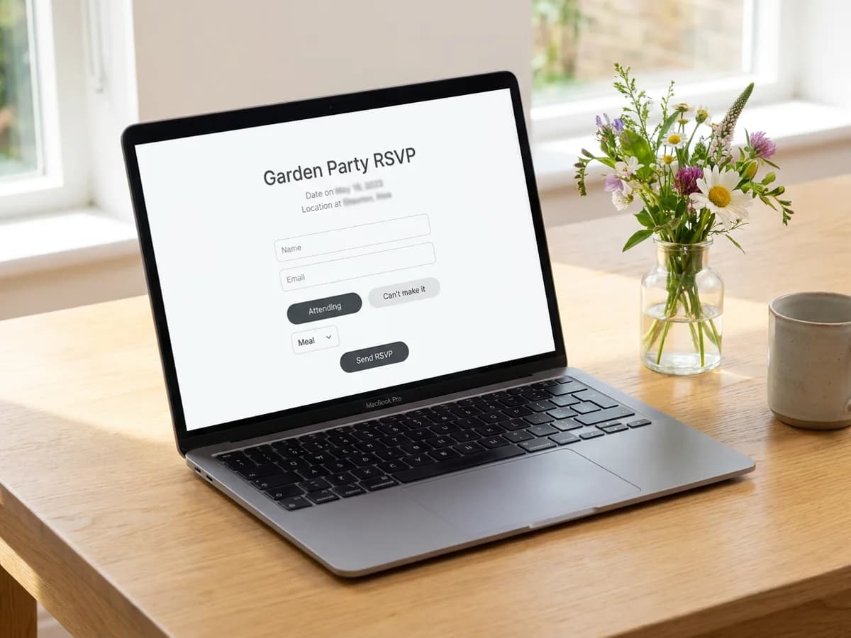 A laptop showing an event RSVP form titled 'Garden Party RSVP' with Name and Email fields, Attending and Can't make it buttons, a Meal dropdown and a Send RSVP button