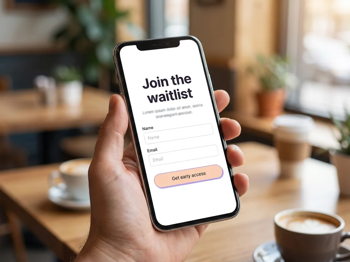A smartphone showing a mobile waitlist form with the headline 'Join the waitlist', Name and Email fields and a peach 'Get early access' button