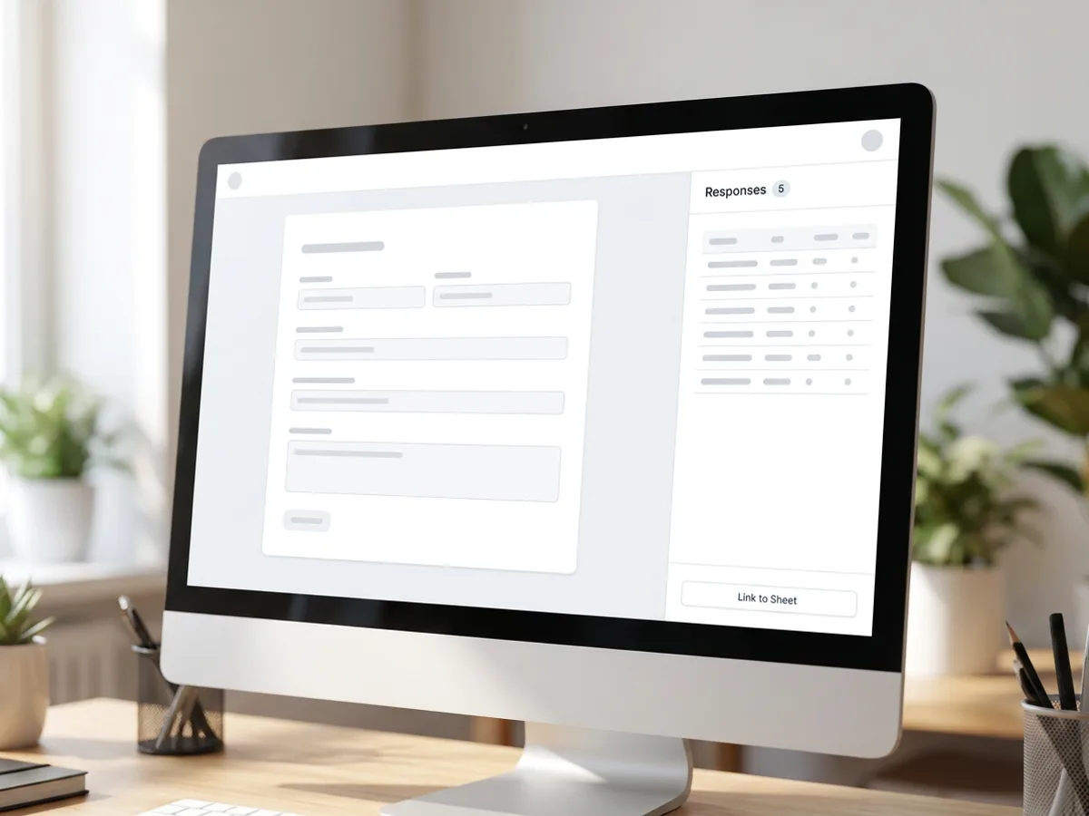 An editor on a monitor with a web form on the left and a Responses side panel on the right showing a count, a table of rows and a 'Link to Sheet' button