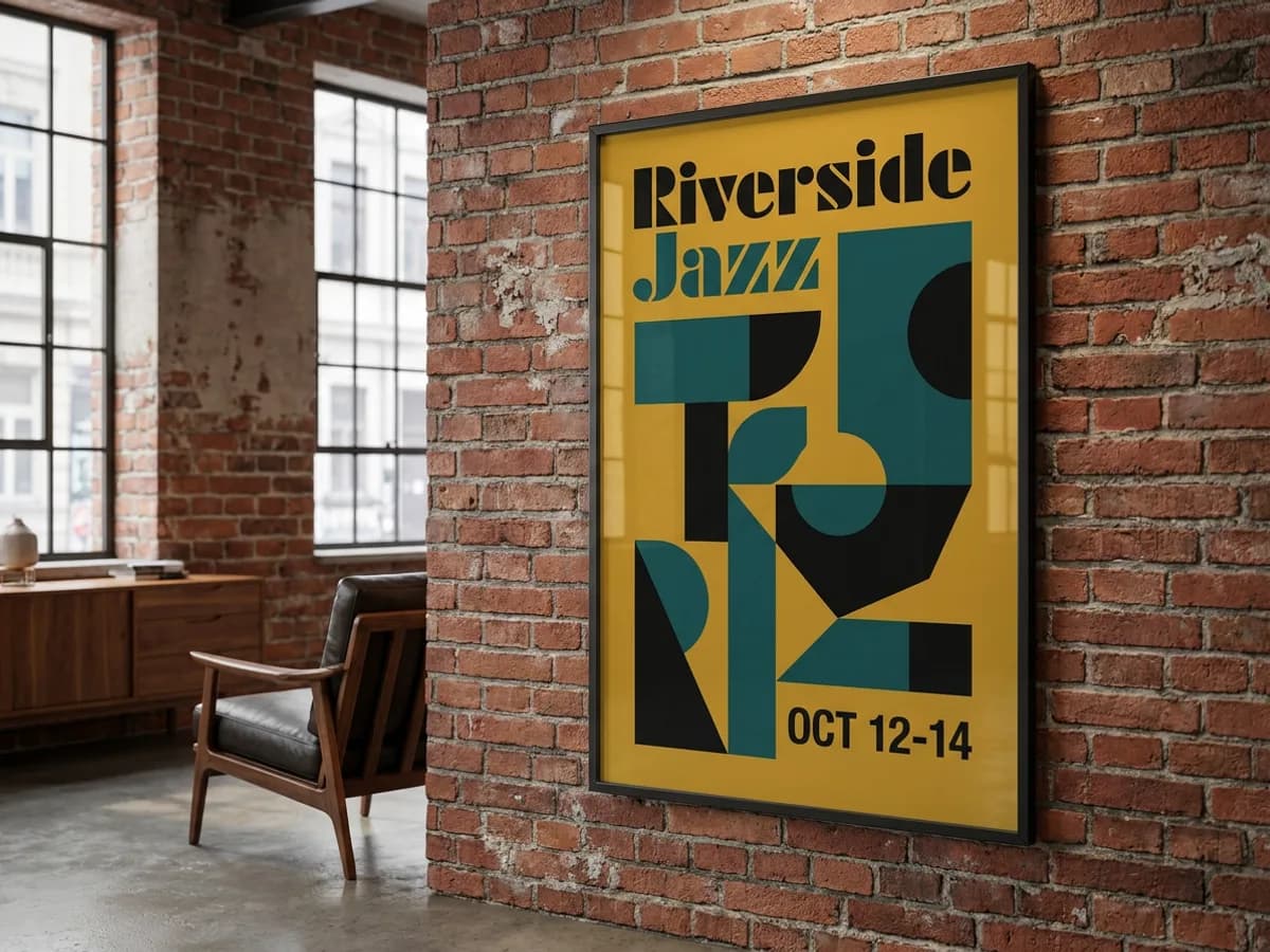 A large 24x36 jazz festival poster framed on a brick wall, with bold geometric shapes in mustard, teal and black, the headline 'Riverside Jazz' and festival dates at the bottom