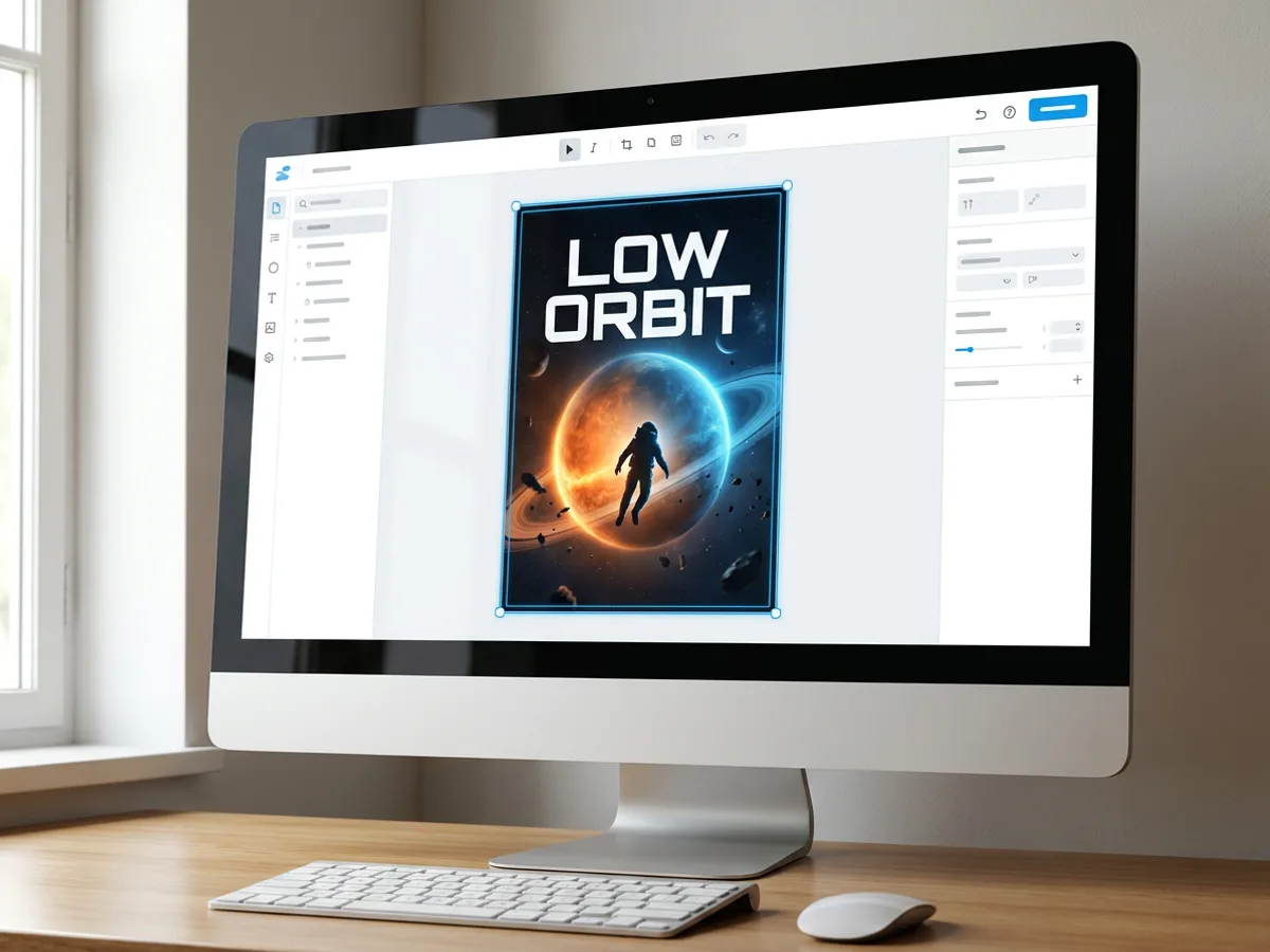 A cinematic sci-fi movie poster titled 'Low Orbit' showing a lone astronaut silhouette against a huge planet, displayed on a monitor in a design editor with the title text selected