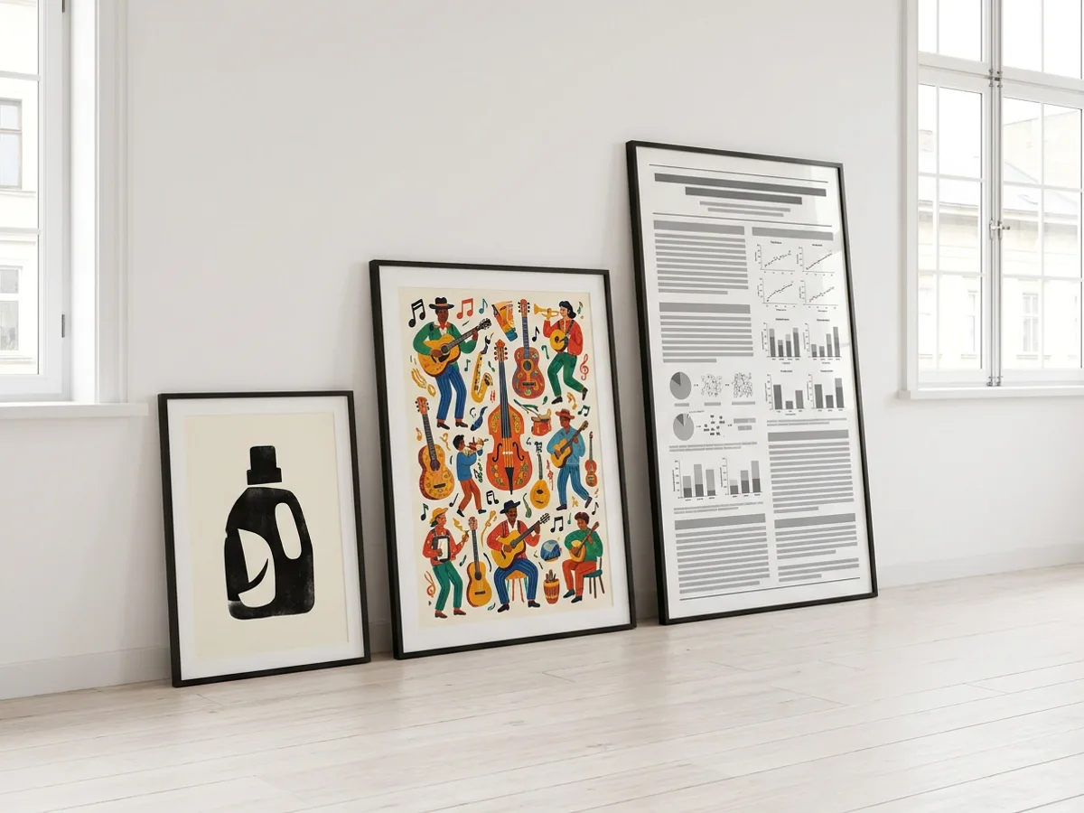 Three posters of different sizes leaning against a white wall on a wooden floor in gallery light: a minimalist product launch poster, a concert poster and a scientific research poster with sections and figures