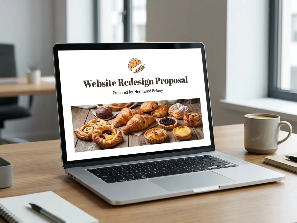 A laptop on an office desk showing a proposal cover page with the title 'Website Redesign Proposal', the subtitle 'Prepared for Northwind Bakery', a small logo and an elegant banner photo of pastries