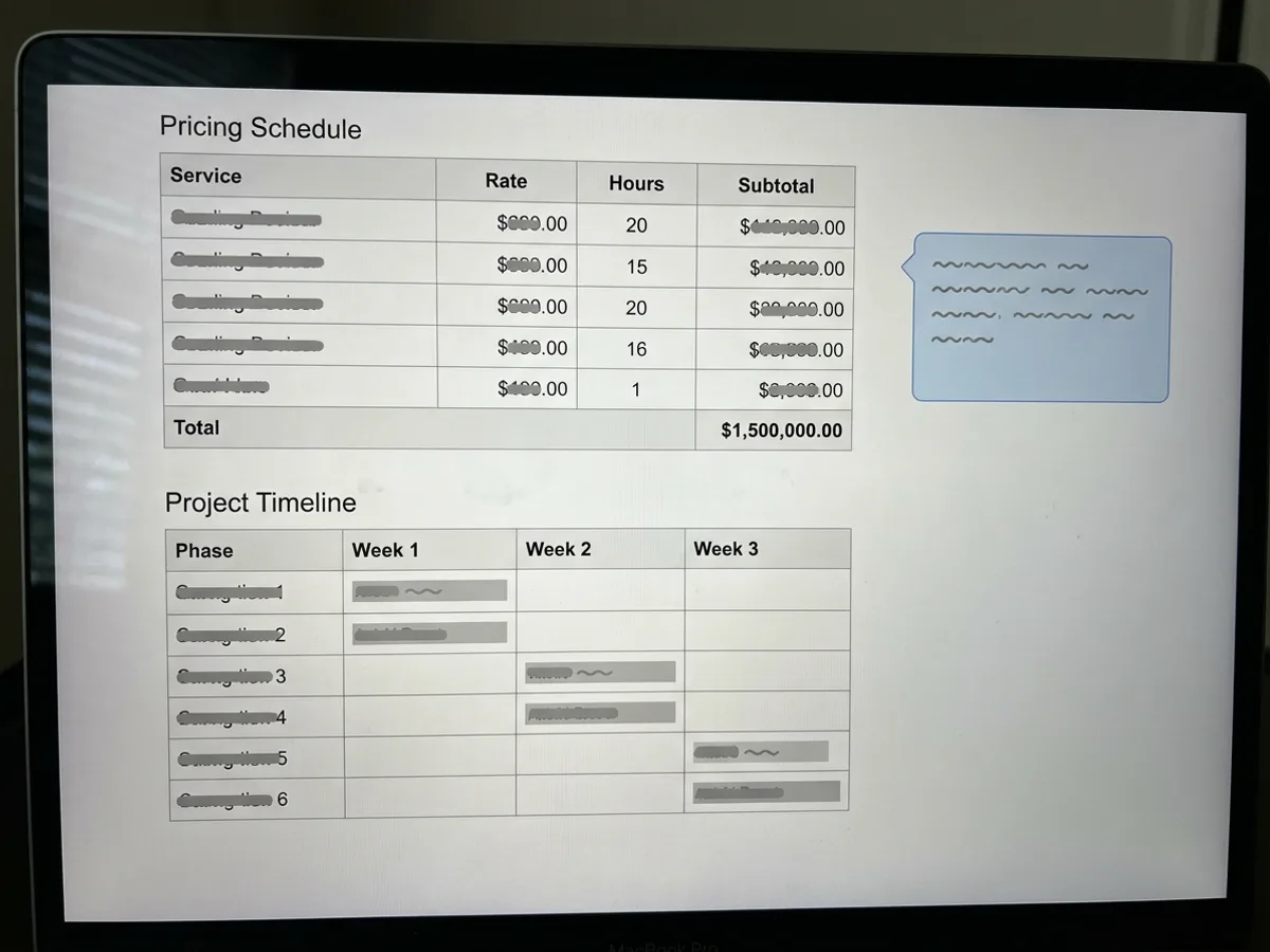 A document page on a monitor showing a pricing table with three rows and a total, a timeline table broken into weeks, and a soft blue callout box