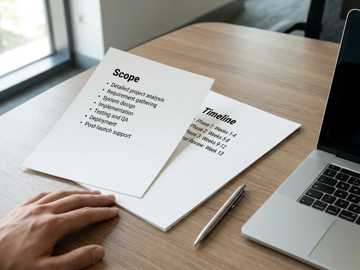 Two printed proposal pages fanned out on a meeting table beside a laptop, showing the headings 'Scope' and 'Timeline' with bullet lists, and a hand holding a pen nearby