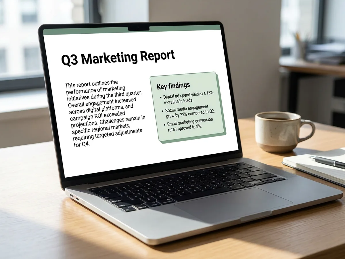 A laptop on a desk in daylight showing a report titled 'Q3 Marketing Report', a short executive summary paragraph and a pale green callout labeled 'Key findings' with three bullets