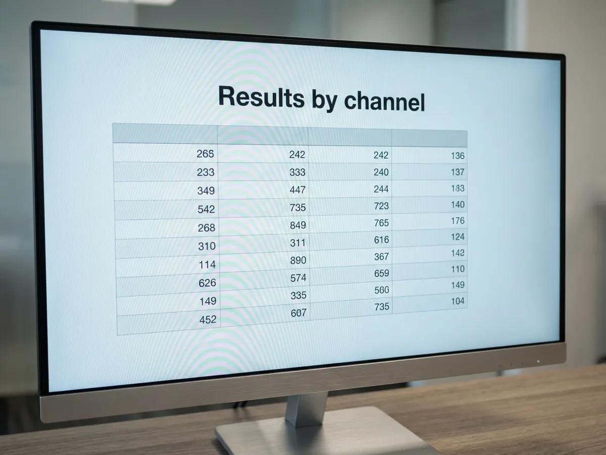 A report page on a monitor showing the bold section heading 'Results by channel' above a clean data table with four columns of numbers