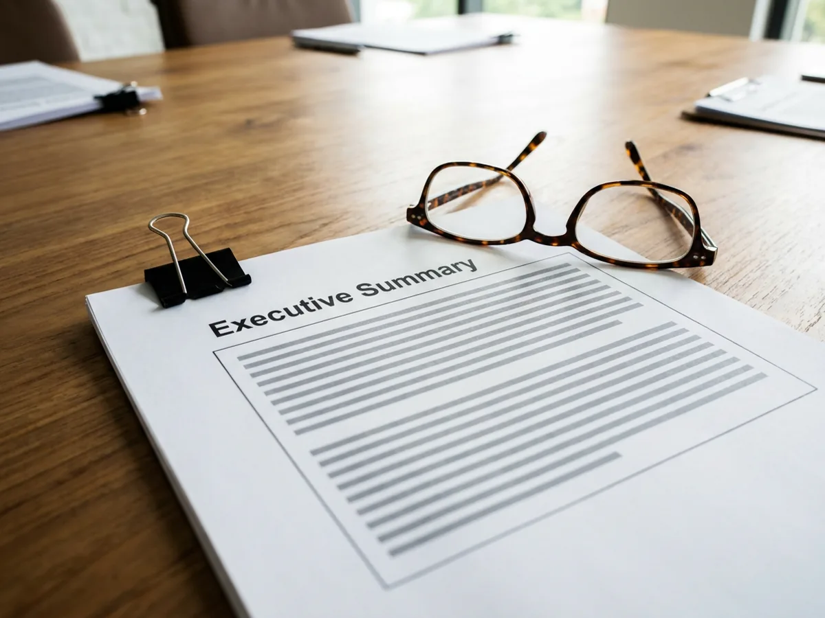 A printed report on a conference table held with a binder clip, its pages showing headings and a summary box, with a pair of glasses resting on top