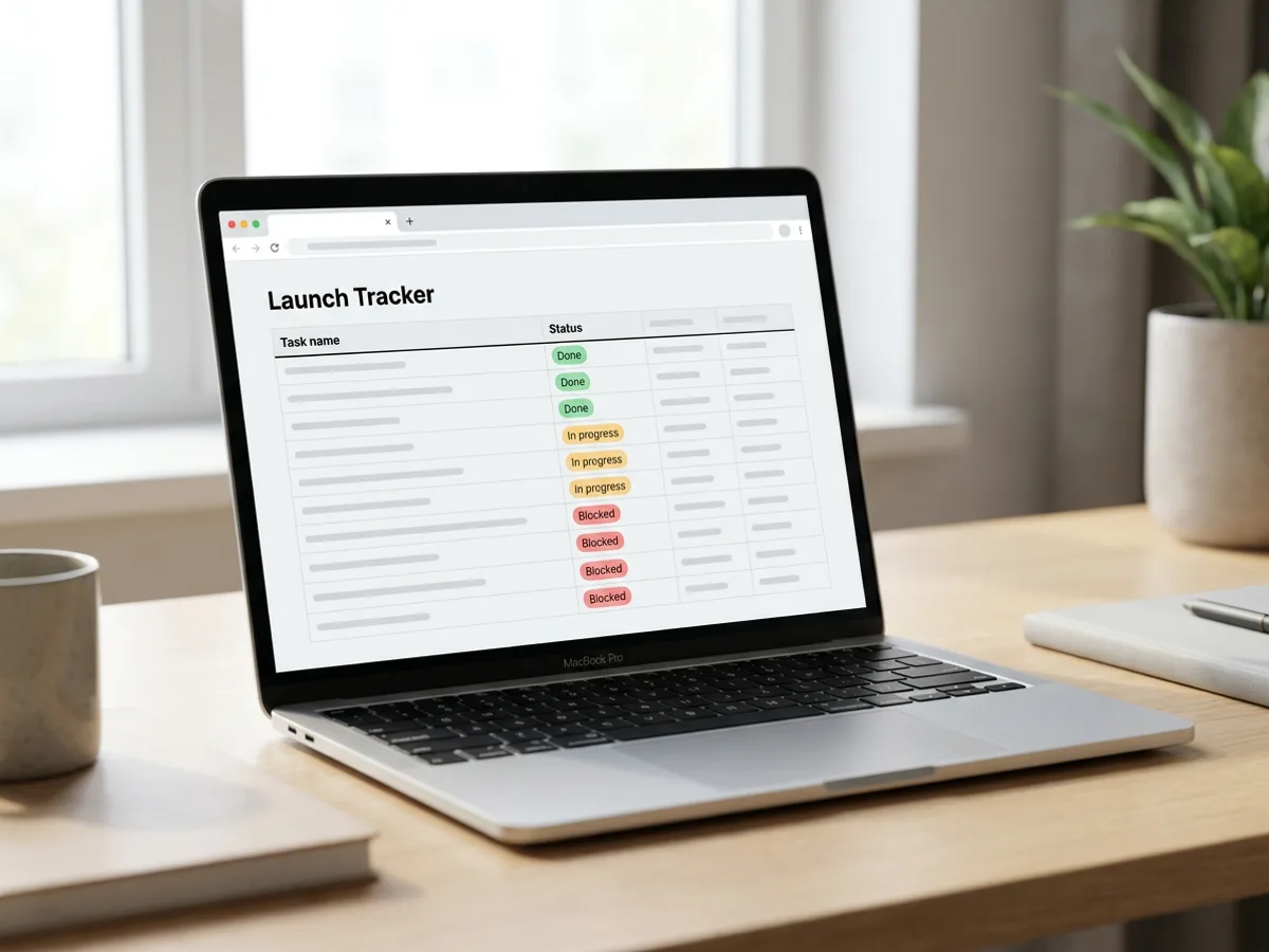 A laptop on a bright desk showing a spreadsheet titled 'Launch Tracker' with a bold header row and a status column of green, amber and red pills reading 'Done', 'In progress' and 'Blocked'