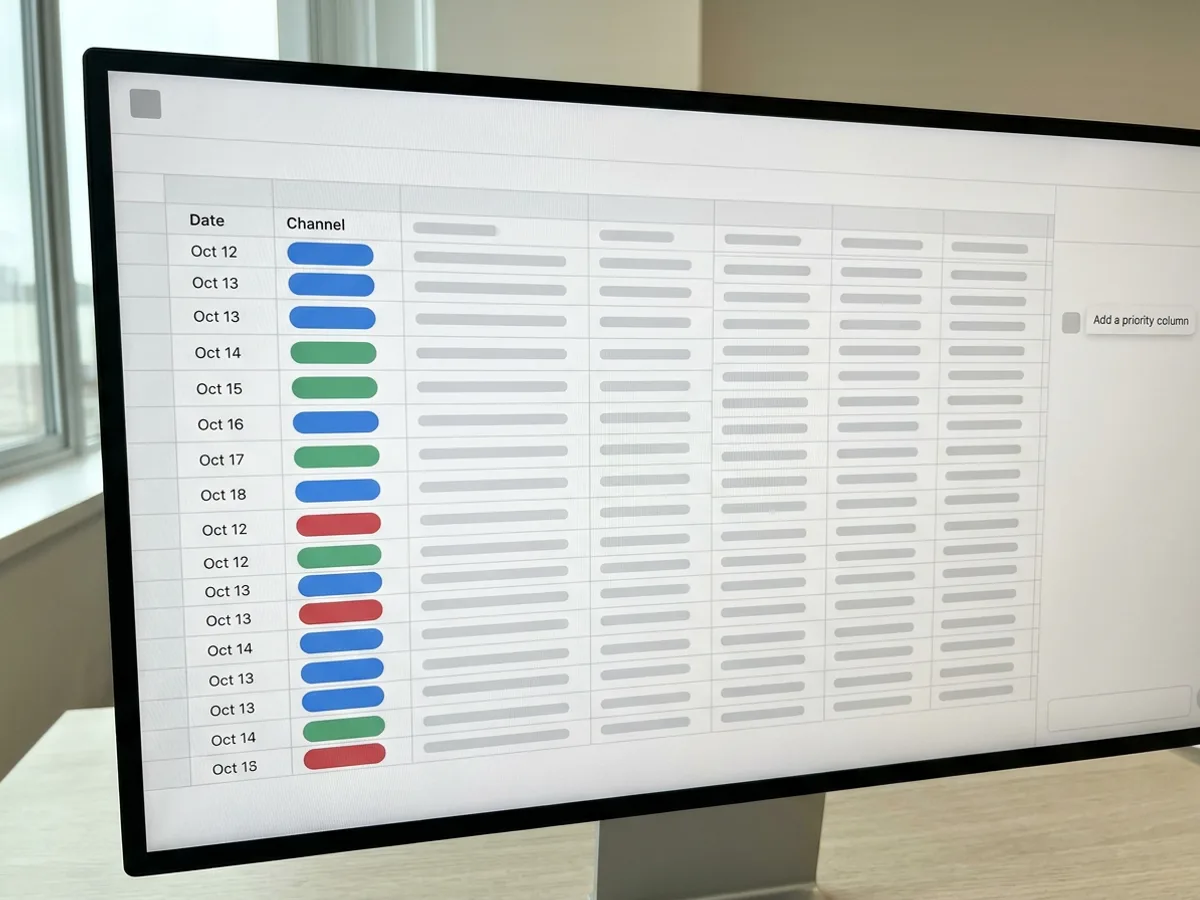 A spreadsheet editor on a monitor showing a content calendar grid with colored channel labels and a chat panel on the right with the message 'Add a priority column'