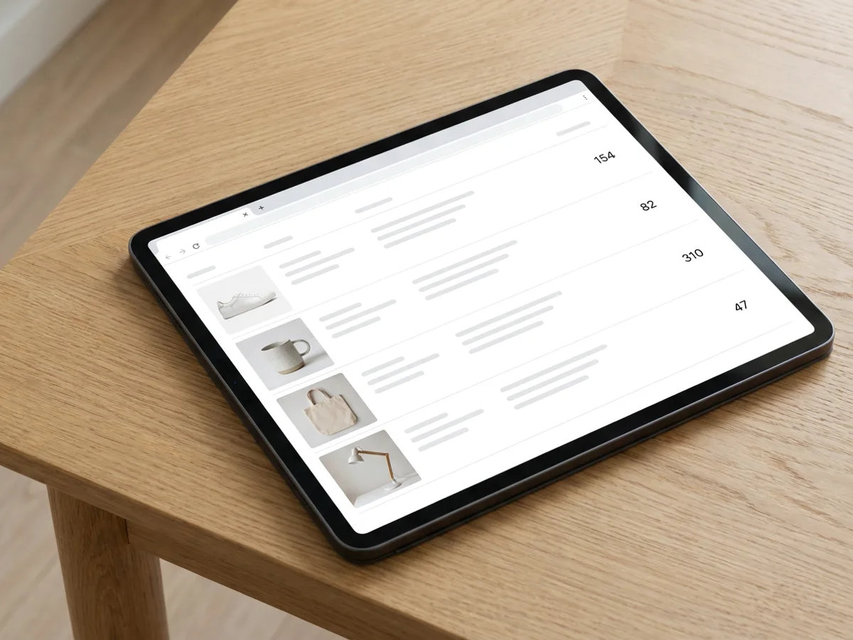 A tablet on a wooden table showing a product catalogue spreadsheet with a small product photo in the first cell of each row, including a sneaker, a mug, a tote bag and a desk lamp