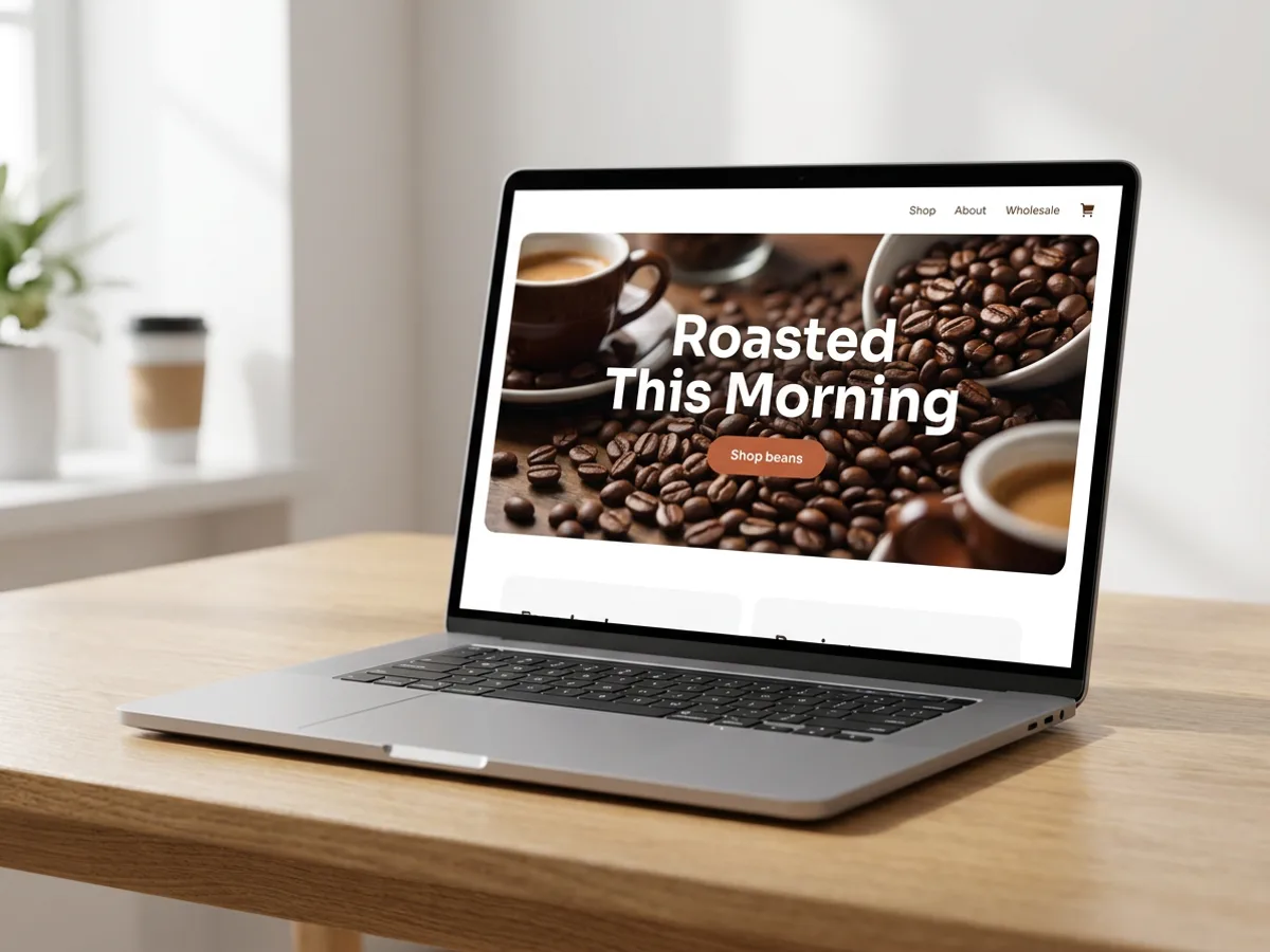 A laptop on a light oak desk showing a single-page coffee roaster website with a large hero photo of coffee beans, the headline 'Roasted This Morning', a terracotta 'Shop beans' button and a clean navigation bar
