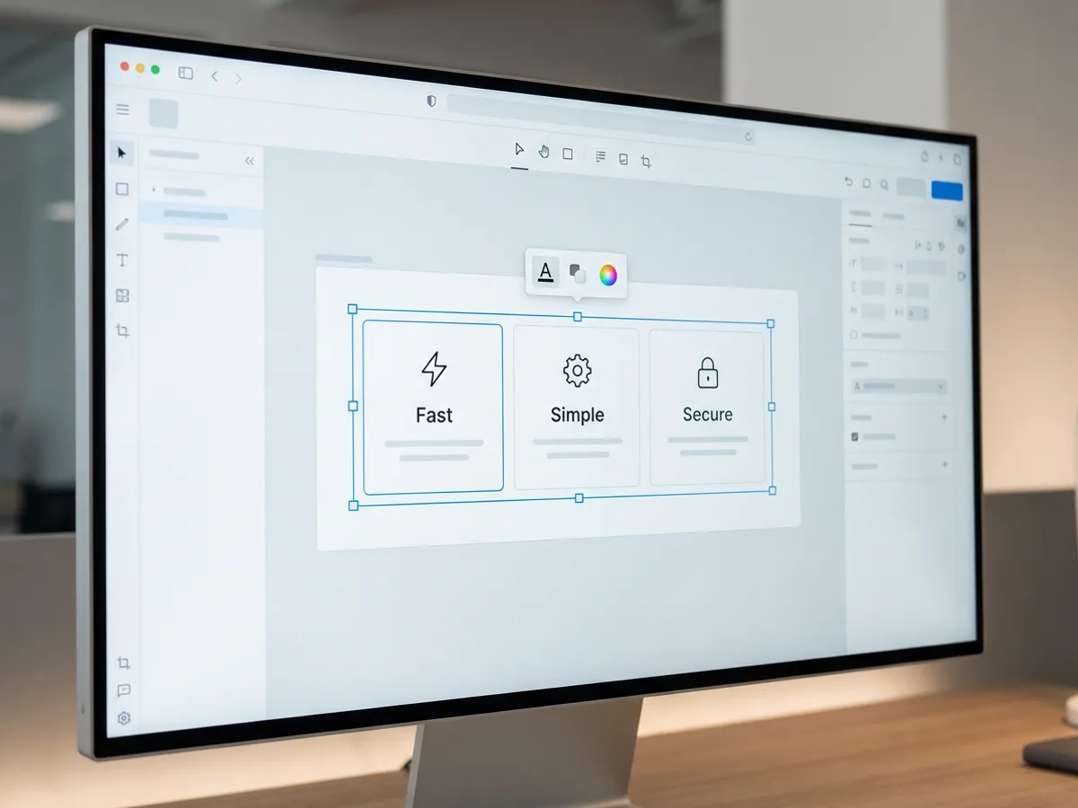 A website design editor on a large monitor with a features section of three cards headed 'Fast', 'Simple' and 'Secure', selected with a thin blue outline and corner handles, and a small floating toolbar with font and color icons above it