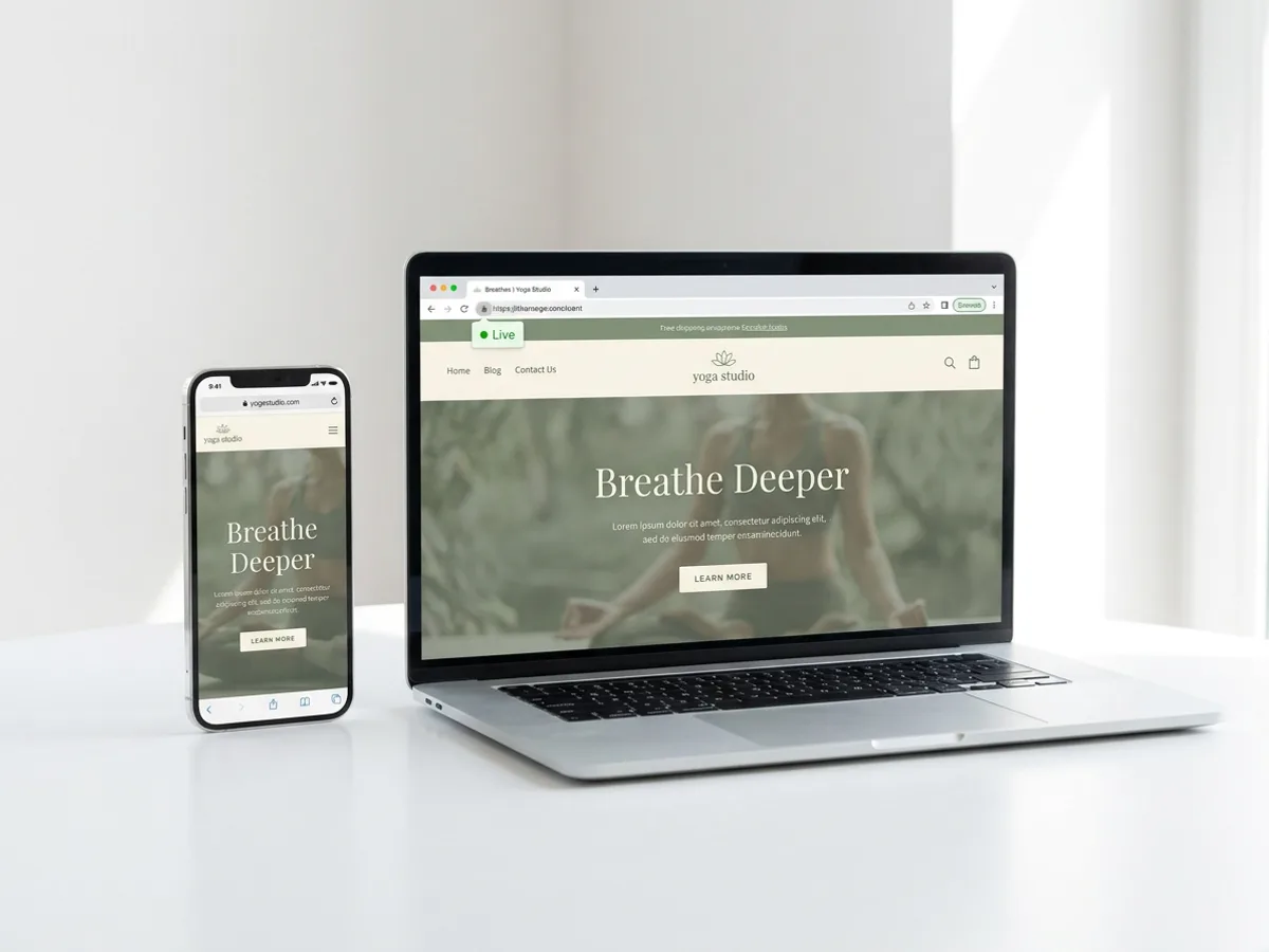 A smartphone and a laptop side by side on a white table showing the same published yoga studio website in sage green with the headline 'Breathe Deeper', with a small padlock icon and a 'Live' badge in the laptop browser bar