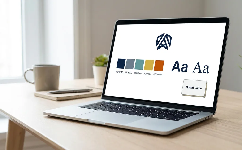 A laptop on a clean desk in soft daylight showing a brand kit page with a logo, a row of five color swatches with hex codes, two font specimens and a guideline card titled Brand voice