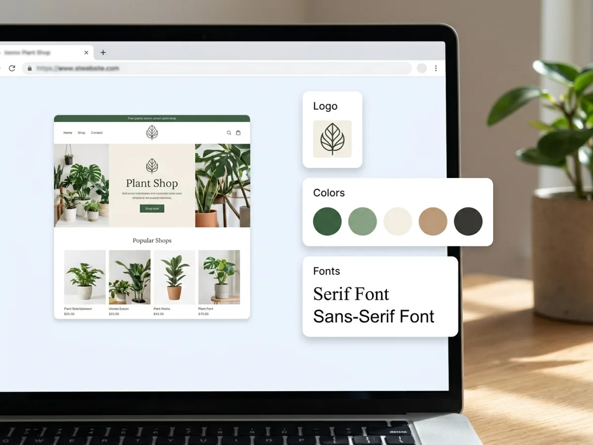 A browser window analyzing a website URL, with a screenshot thumbnail of a plant shop website on the left and cards for Logo, Colors and Fonts with extracted color swatches appearing on the right