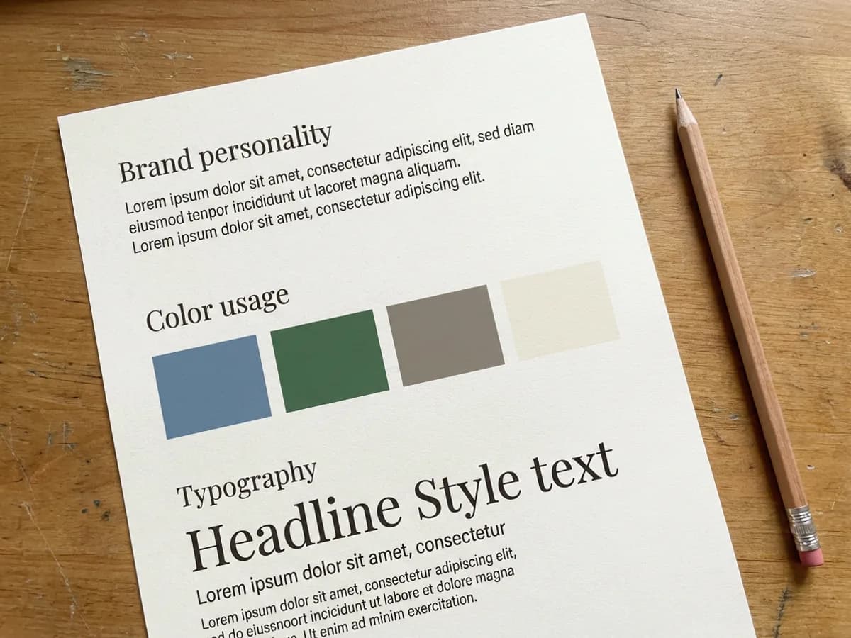 A printed brand guidelines sheet on a desk with sections titled Brand personality, Color usage and Typography, showing color swatches and font samples next to a pencil