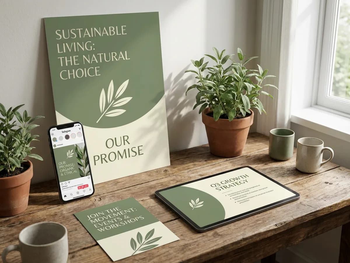 A cohesive set of marketing designs in one brand arranged on a table: a poster, an Instagram post, a presentation slide on a tablet and a flyer, all in a sage green and cream palette with the same leaf logo