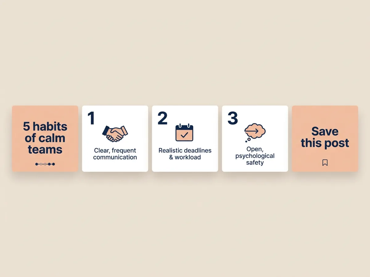 Five square Instagram carousel slides in a horizontal row on a soft beige background in navy and peach: a first slide with the bold hook '5 habits of calm teams', numbered tip slides with simple icons, and a last slide reading 'Save this post'