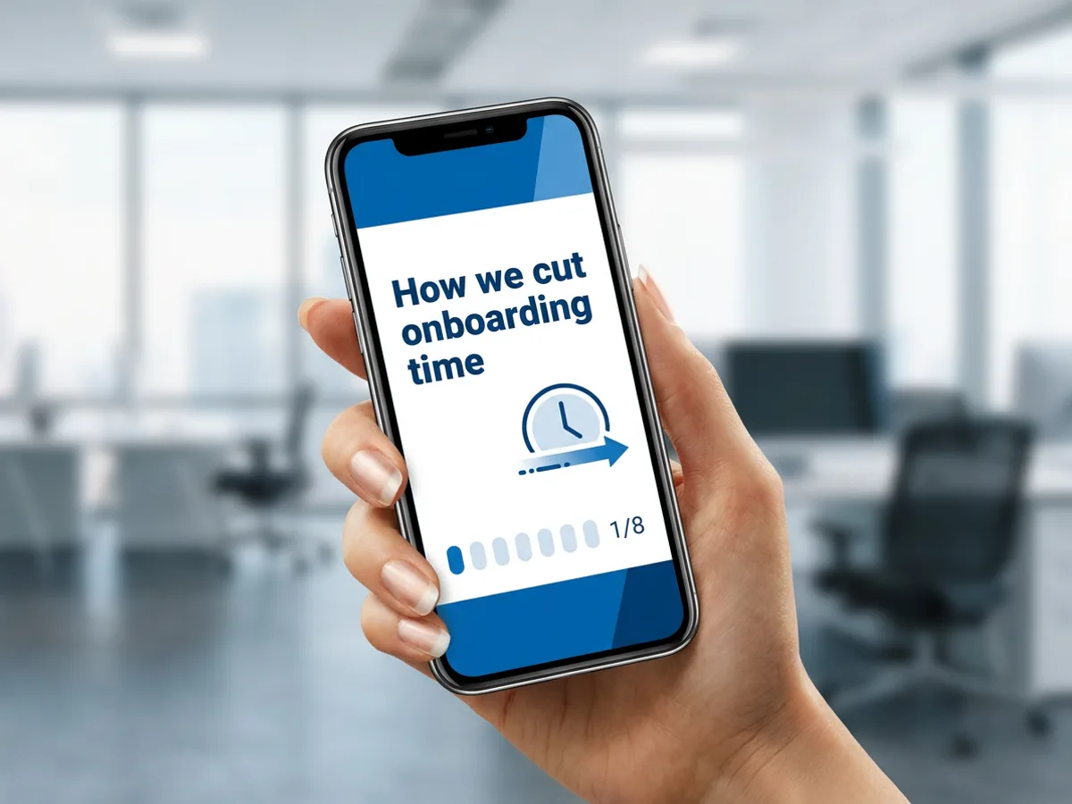 A smartphone held in hand showing a LinkedIn-style document carousel post with a slide titled 'How we cut onboarding time' and a small page indicator reading '1/8', with a blurred office background